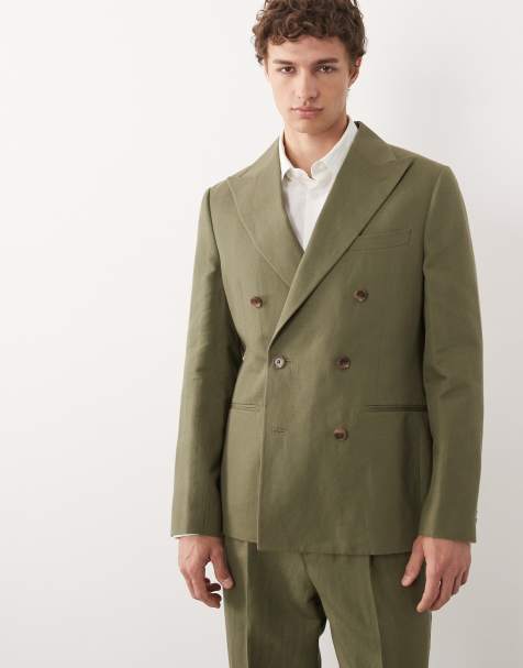 Chaqueta de traje verde oliva de corte slim con doble botonadura de tejido rico en lino de ASOS DESIGN - view 1