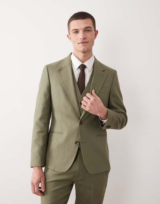 ASOS DESIGN - Traje verde oliva entallado de tejido rico en lino, 3 de 4