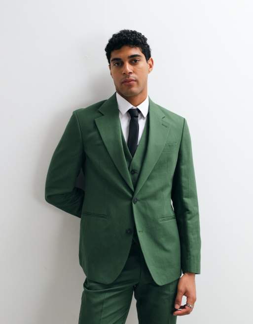 Traje verde oscuro de corte slim de sarga rica en lino de ASOS DESIGN, 2 de 4