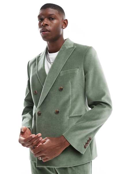 Chaqueta de traje verde salvia de corte slim con doble botonadura de terciopelo de algodón de ASOS DESIGN - view 1