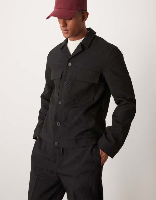 Chaqueta de vestir negra estilo camisa de canalé de ASOS DESIGN (parte de un conjunto)