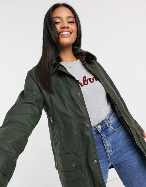 Chaqueta encerada verde con cuello de piel sintética Coneflower de | ASOS