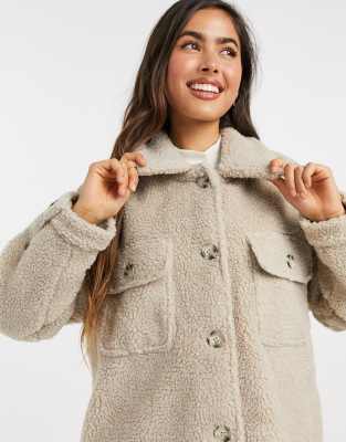 ONLY Mujer Chaqueta con 2 bolsillos en el pecho y peluche beige