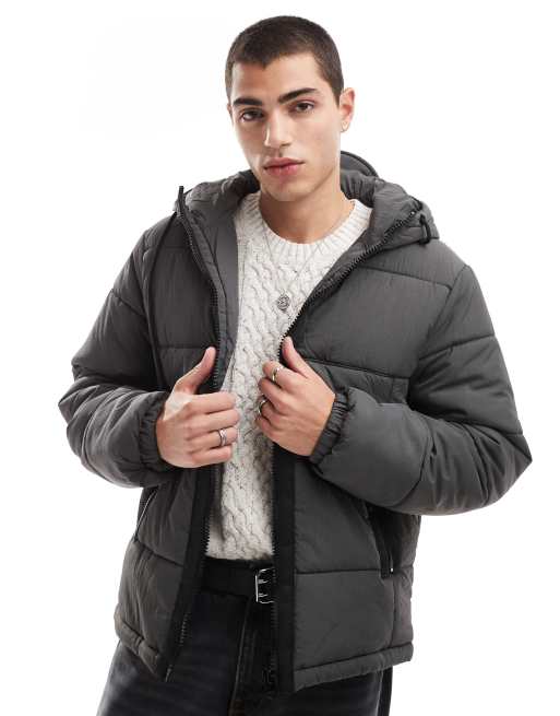 Chaqueta gris acolchada de nailon con ribetes en contraste de ASOS DESIGN