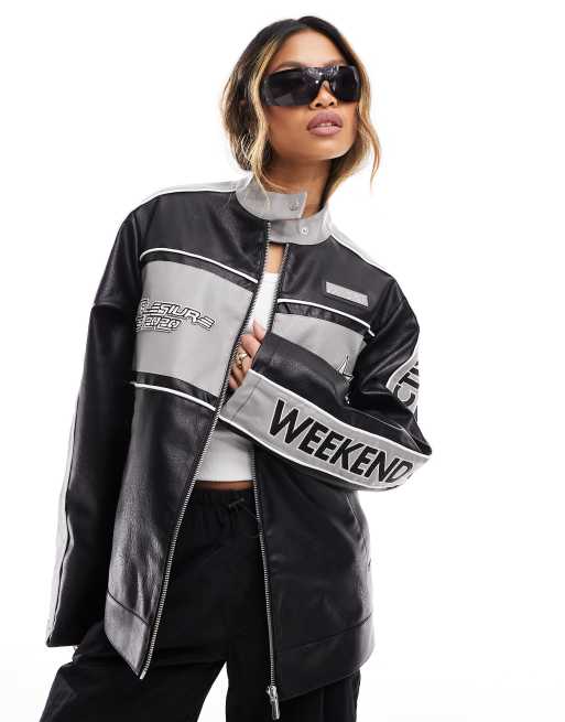 Chaqueta gris con diseño motocross de cuero sintético de ASOS DESIGN Weekend Collective