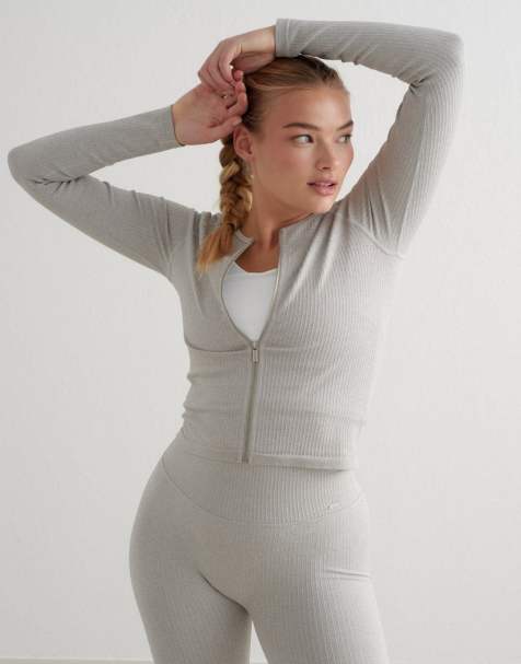 Chaqueta gris jaspeado con cremallera de canalé sin costuras de Aim'n - view 1