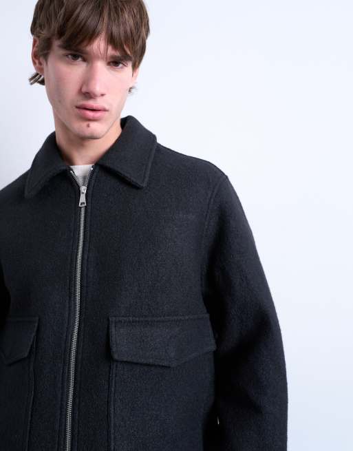 Chaqueta gris oscuro estilo camisa con cremallera de mezcla de lana de Topman, 5 de 5