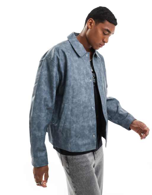 Chaqueta Harrington azul lavado extragrande de cuero sintético de ASOS DESIGN