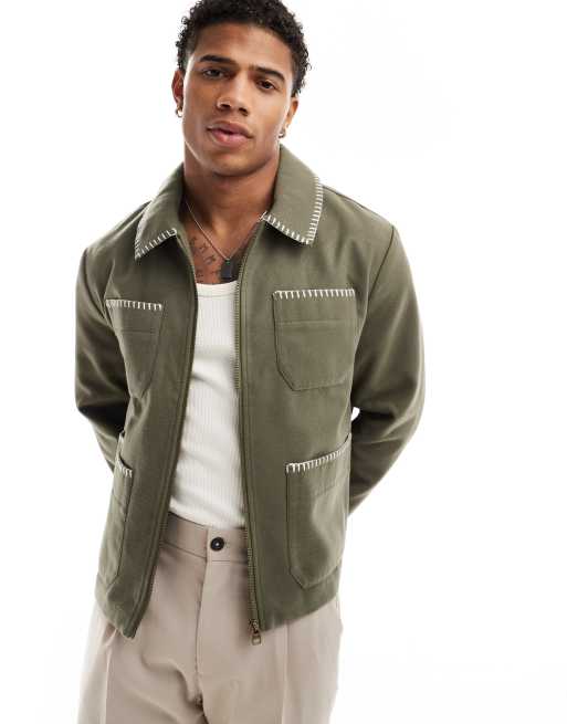 Chaqueta Harrington caqui con pespuntes tipo festón de tejido efecto lana de ASOS DESIGN