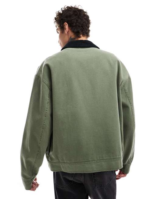Chaqueta Harrington caqui lavado extragrande con cuello de pana de ASOS DESIGN, 2 de 4