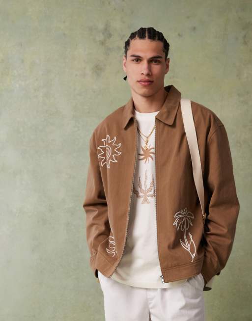 Chaqueta Harrington color camel extragrande con diseño bordado de ASOS DESIGN