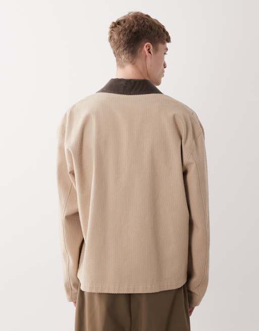 Chaqueta Harrington color piedra extragrande de algodón texturizado con solapas de cuero sintético de ASOS DESIGN, 3 de 5