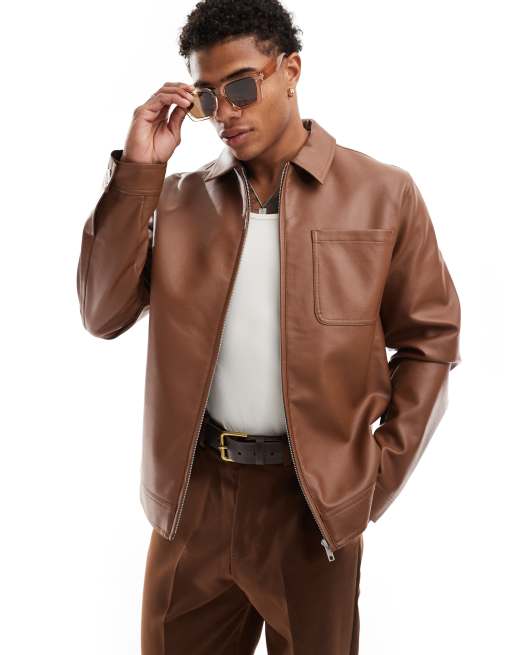 Chaqueta Harrington color tostado de cuero sintético de ASOS DESIGN, 3 de 4