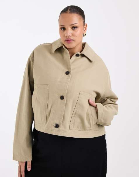 Chaqueta Harrington corta beis grisáceo de algodón de ASOS DESIGN Curve - view 1