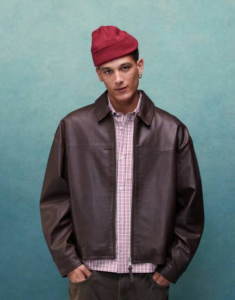Chaqueta Harrington corta marrón extragrande de cuero auténtico premium de ASOS DESIGN - view 1
