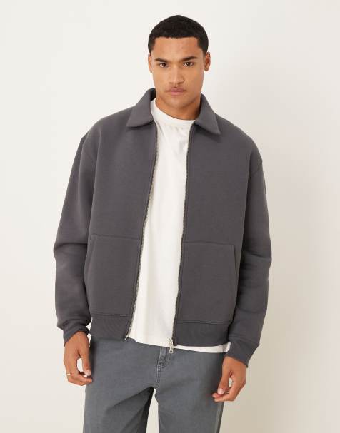 Chaqueta Harrington gris carbón de corte cuadrado holgado con cremallera de punto liso de ASOS DESIGN - view 1