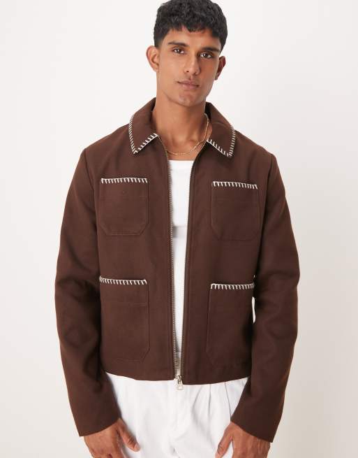 Chaqueta Harrington marrón con costuras tipo manta de efecto lana de ASOS DESIGN