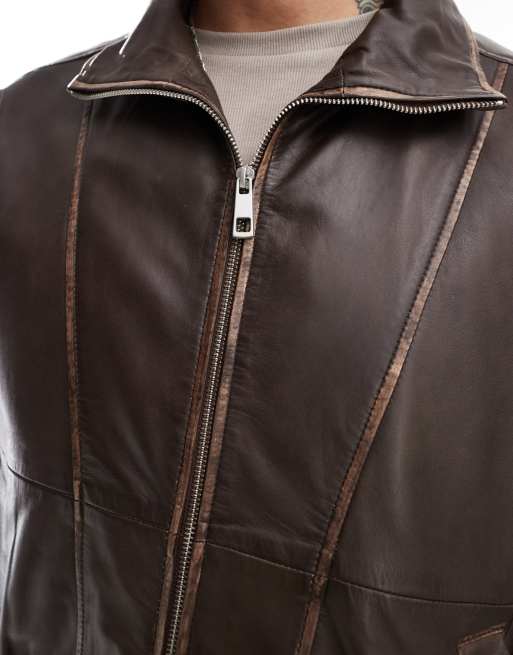 Chaqueta Harrington marrón con cuello alzado de cuero auténtico premium de ASOS DESIGN, 3 de 4