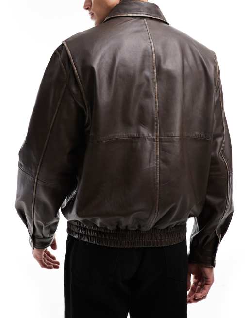 Chaqueta Harrington marrón con cuello alzado de cuero auténtico premium de ASOS DESIGN, 4 de 4