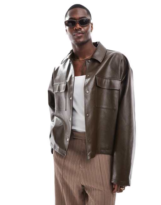 Chaqueta Harrington marrón de corte cuadrado extragrande de cuero sintético de ASOS DESIGN