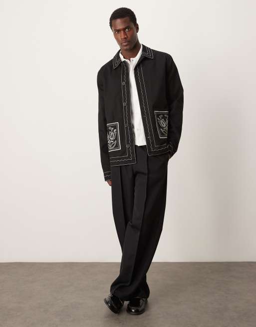 Chaqueta Harrington negra con bordados de ASOS DESIGN