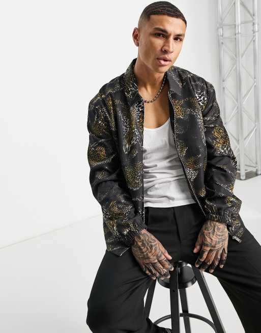 Chaqueta harrington negra con estampado de tigres estilo remolinos de Topman