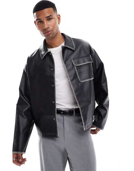Chaqueta Harrington negra de corte cuadrado extragrande con pespuntes en contraste de cuero sintético de ASOS DESIGN