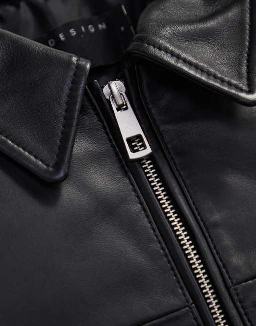 Chaqueta Harrington negra de cuero auténtico premium de ASOS DESIGN, 2 de 4