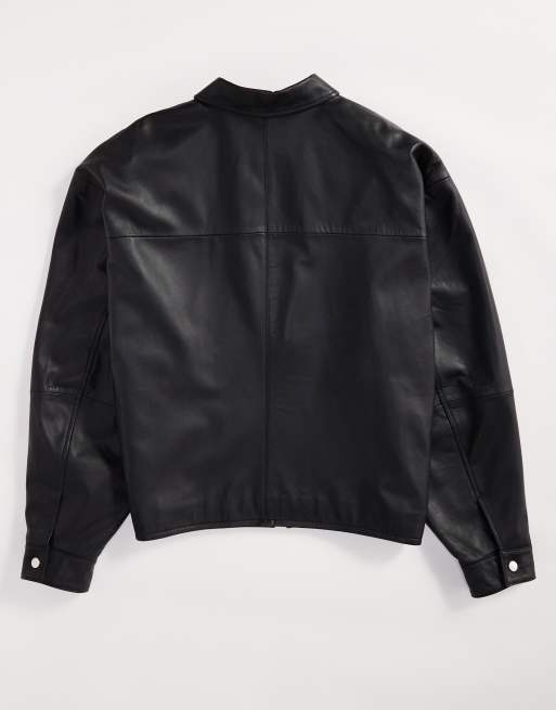 Chaqueta Harrington negra de cuero auténtico premium de ASOS DESIGN, 3 de 4