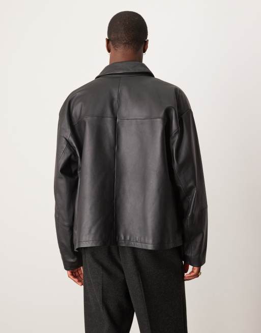 Chaqueta Harrington negra de cuero auténtico premium de ASOS DESIGN, 3 de 4