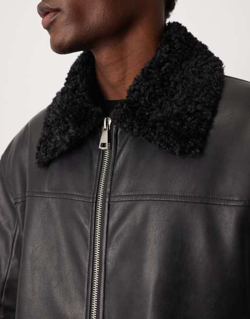 Chaqueta Harrington negra de cuero sintético con solapas de borreguito de ASOS DESIGN, 5 de 5