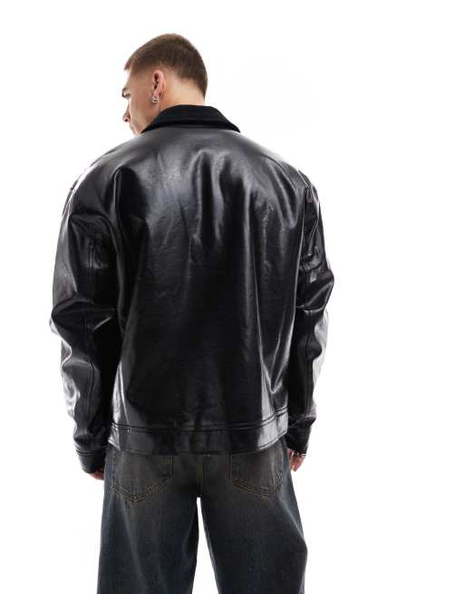 Chaqueta Harrington negra extragrande de cuero sintético con cuello de pana de ASOS DESIGN, 3 de 4