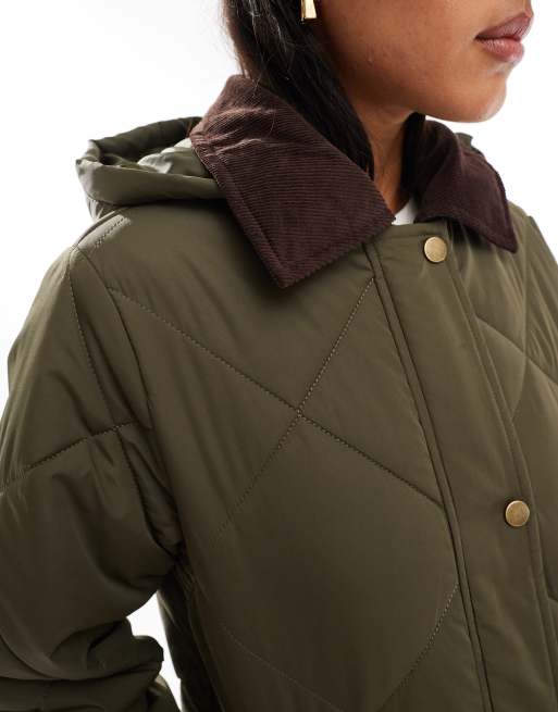 Chaqueta larga caqui acolchada con cuello en contraste de Threadbare, 3 de 4