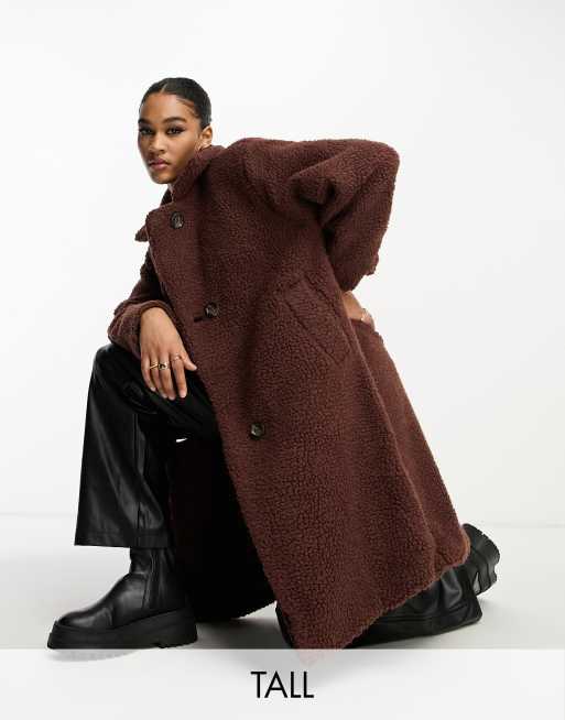 Chaqueta larga marrón chocolate con doble botonadura de borreguito Teddy de DTT Tall