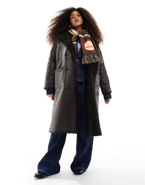 Chaqueta larga marrón con ribetes en contraste de borreguito de ASOS DESIGN Curve - view 1