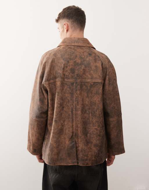 Chaqueta larga marrón de cuero auténtico efecto desgastado de Reclaimed Vintage, 3 de 5
