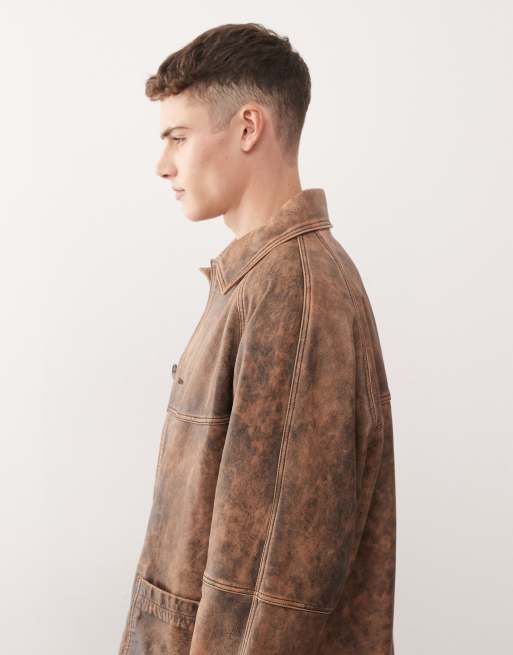 Chaqueta larga marrón de cuero auténtico efecto desgastado de Reclaimed Vintage, 4 de 5