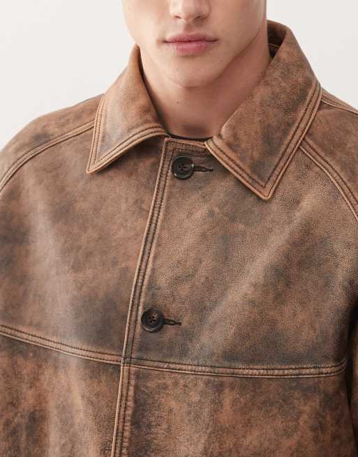 Chaqueta larga marrón de cuero auténtico efecto desgastado de Reclaimed Vintage, 5 de 5