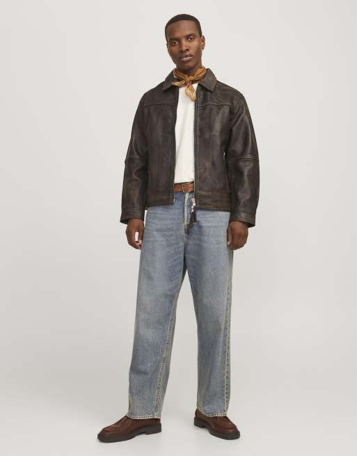 Chaqueta marrón chocolate de cuero de Jack & Jones, 3 de 7