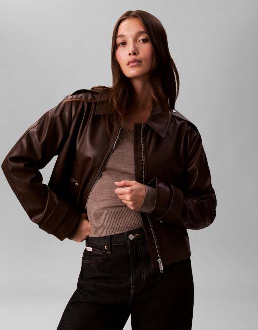 Chaqueta marrón chocolate de estilo motociclista de cuero de Calvin Klein Jeans