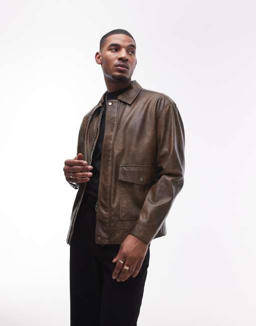Chaqueta marrón con bolsillos delanteros de cuero sintético de Topman