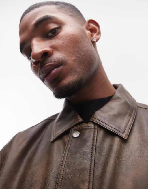 Chaqueta marrón con bolsillos delanteros de cuero sintético de Topman, 3 de 4