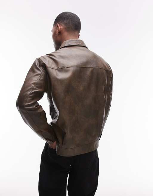 Chaqueta marrón con bolsillos delanteros de cuero sintético de Topman, 4 de 4