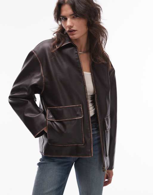 Chaqueta marrón envejecido con cremallera delantera de cuero sintético de Mango