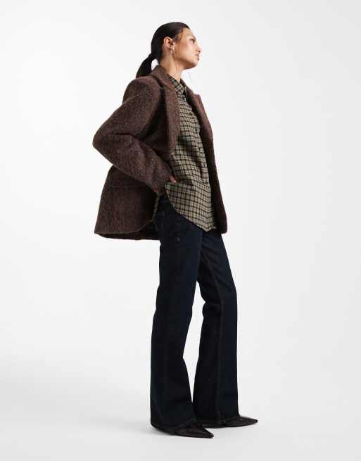 Chaqueta marrón oscuro estilo americana extragrande de tejido texturizado cálido de Object, 3 de 4