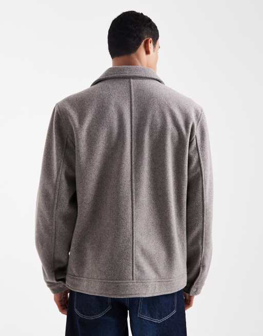 Chaqueta marrón topo con cremallera delantera y cuello de solapas de tejido efecto lana de Threadbare, 3 de 5