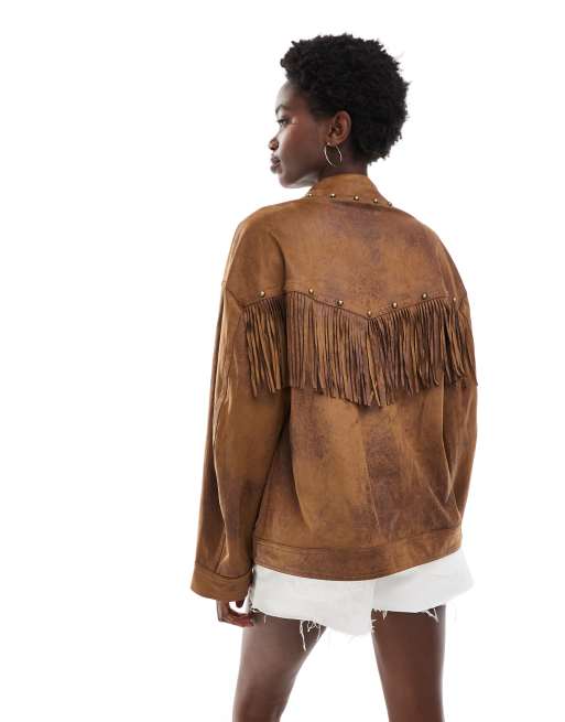 Chaqueta midi color tostado con flecos de antelina de Miss Selfridge, 4 de 4