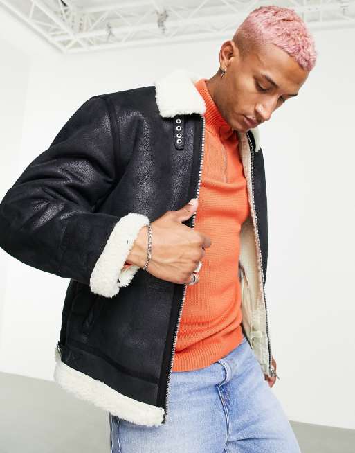 Chaqueta negra con cuello color crudo de borreguito de ASOS DESIGN