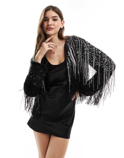 Chaqueta negra con flecos de cuentas para festivales de ASOS DESIGN, 2 de 4