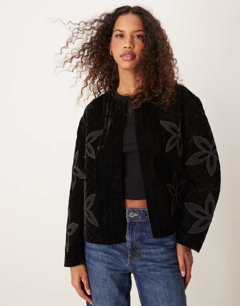 Chaqueta negra con patrón floral adornado de terciopelo de River Island - view 1